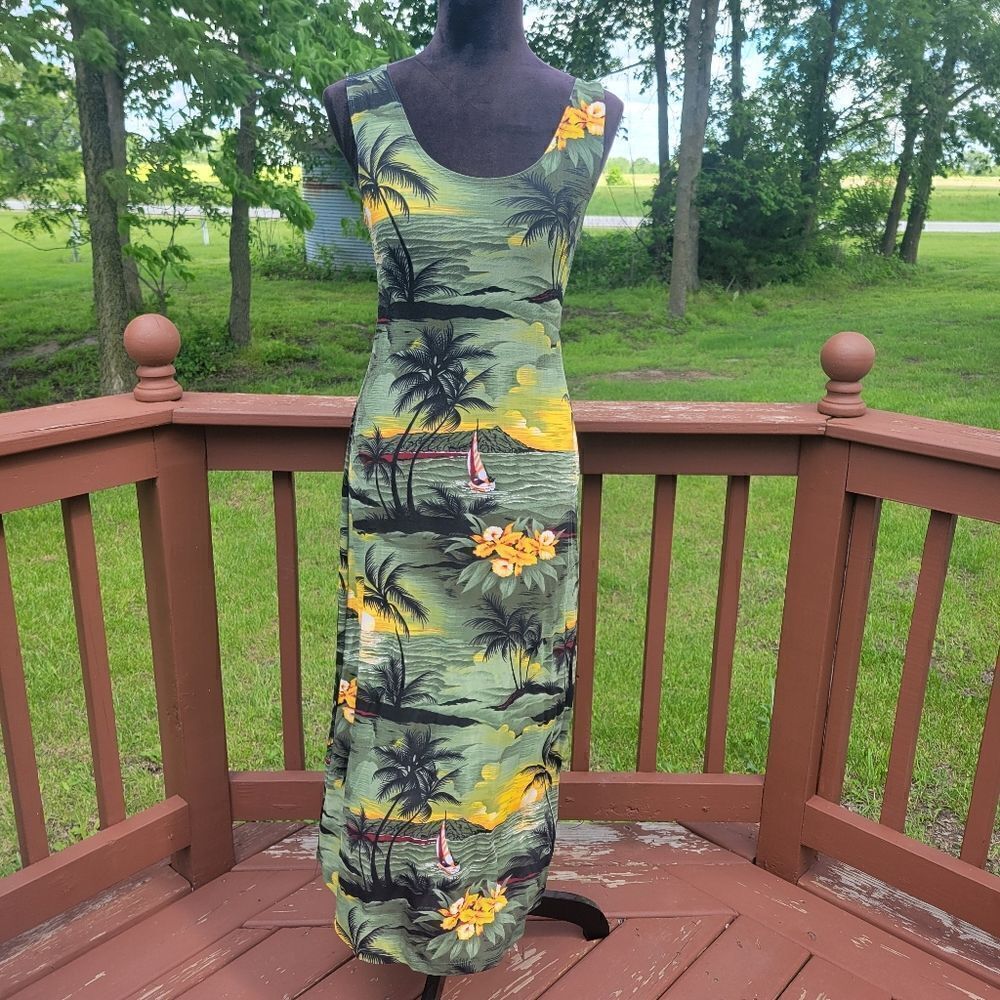 Janana's Women's Green Yellow Tropical Print Sleeveless Scoop Neck Maxi Dress